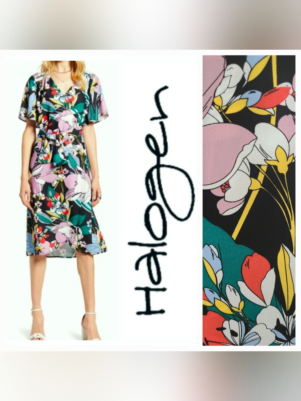 Halogen Midi Wrap Dress Black Multi Zola Print Sz S